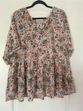 LOFT White Floral V-Neck Peplum Tunic with Coral & Navy